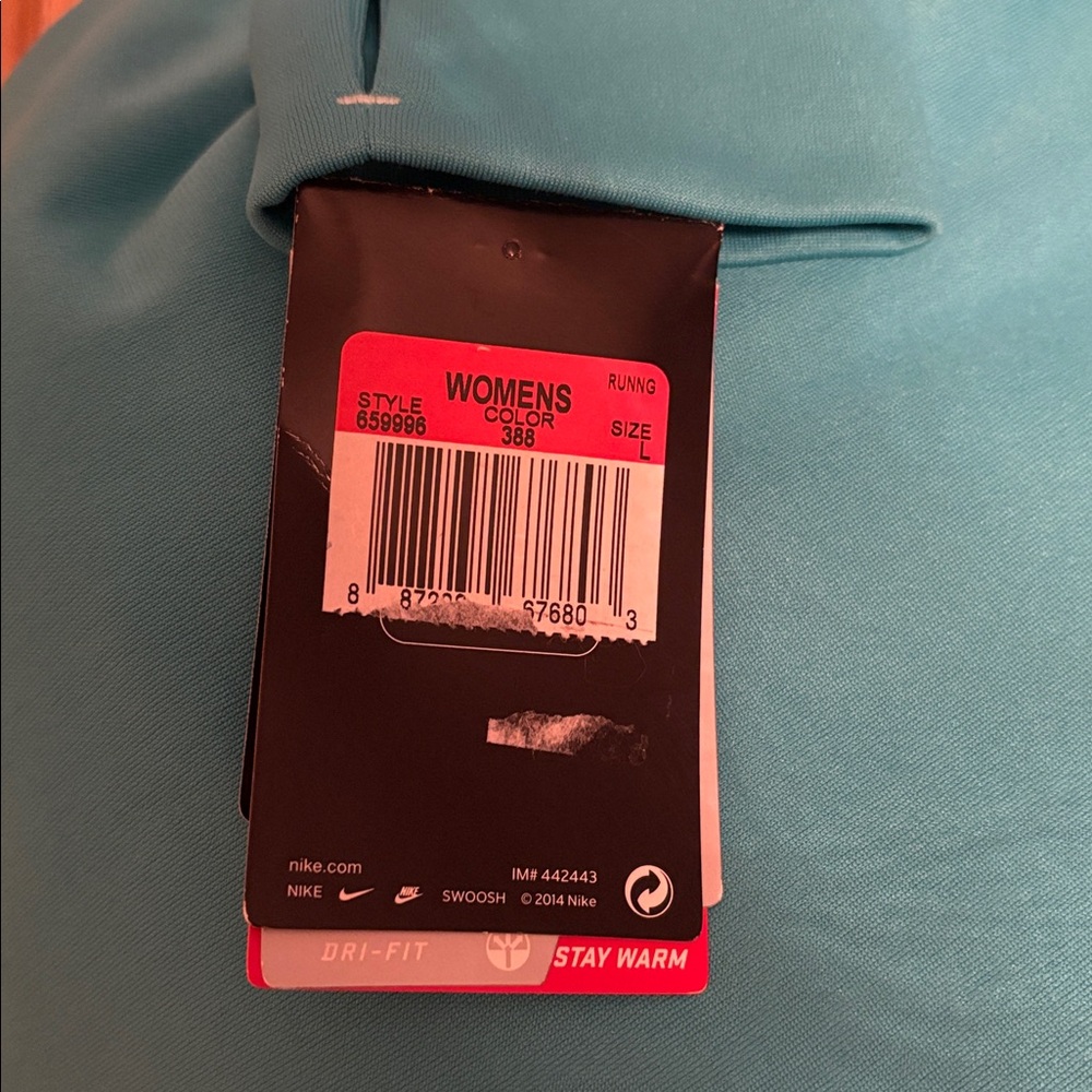 NWT Nike Dri-Fit Running funnel neck aqua sweatshirt, women’s size L. Logo. - Picture 6 of 11